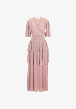 Dusty pink midi dress with V-neck, elbow-length sleeves, shirred waist, and tiered skirt layers made of lightweight, textured fabric.