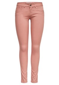 Jeans skinny rosas hechos de una tela de mezcla de algodón elástico. Cuenta con un diseño de cinco bolsillos, pasadores para el cinturón y un cierre de botón en la parte frontal.