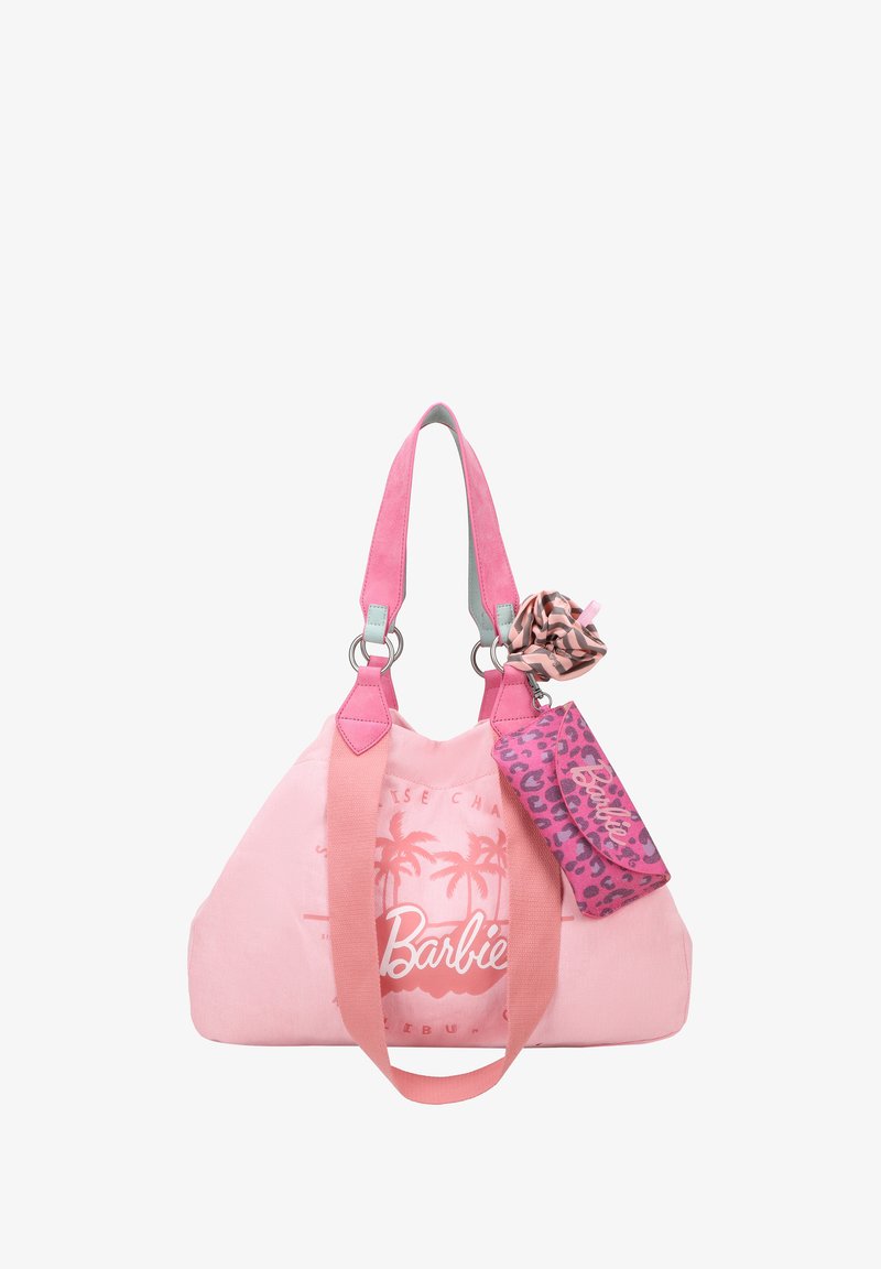 Sac en toile rose avec des poignées doubles, arborant un motif de palmier et une pochette accessoire à imprimé léopard rose attachée avec un chouchou.