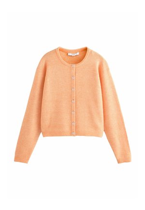 Blød cardigan i ferskenfarve med lange ærmer og seks små blomstformede knapper ned foran.