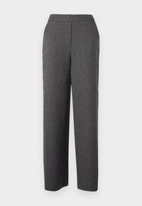 Szare, dopasowane spodnie o prostych nogawkach, wykonane z fakturowanej tkaniny. Posiadają średni stan w pasie oraz czyste, wykończone brzegi.