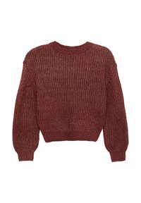 Burgunderfarbener, kurz geschnittener Pullover mit strukturiertem Strickdesign, Rundhalsausschnitt und leicht ballonförmigen Ärmeln. Dickes ribbeltes Bündchen am unteren Rand.