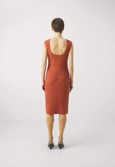Rochie ajustată, de culoare ruginie, dintr-un material texturat, cu decolteu la spate, până la genunchi, fără mâneci, asortată cu pantofi cu toc înalt, de culoare gri pal.