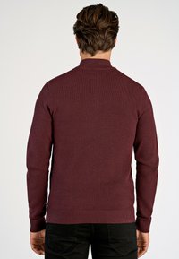 Maglione lavorato a maglia color bordeaux con colletto e orlo a coste, caratterizzato da un motivo testurizzato. La vista posteriore mostra un design aderente e maniche lunghe.