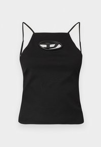 Black sleeveless top with thin straps, featuring a cut-out oval detail at the chest. Made of smooth, stretchy fabric.