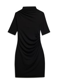 Robe noire à manches courtes, col haut et détails froncés sur le côté. Le tissu est lisse et extensible, offrant une silhouette ajustée.