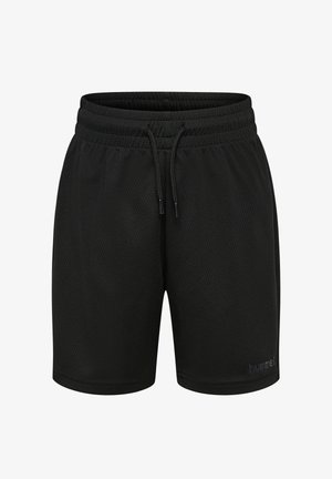 Schwarze Sportshorts mit elastischem Bund und Kordelzug, strukturiertem Stoff und kleinem Markenlogo am linken Beinsaum.