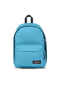 Mochila de poliéster azul con un compartimento principal con cremallera, bolsillo frontal y detalles en negro. Presenta un asa superior y correas ajustables.
