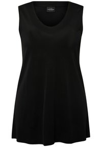 Tunic nera senza maniche con scollatura rotonda, realizzata in un tessuto liscio; la forma a A conferisce una vestibilità rilassata; senza pattern o dettagli visibili.