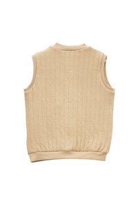 Beżowa sleeveless kamizelka o pikowanej strukturze z ribbowym kołnierzem, otworami na ramiona i dołem, przedstawiona z tyłu na białym tle.