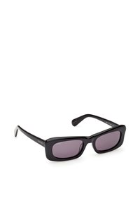 Lunettes de soleil rectangulaires noires avec verres teintés violets, branches fines, et le nom de la marque "MAX&Co." sur les branches.