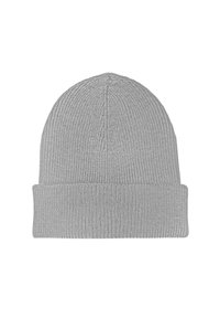 Berretto lavorato a maglia grigio con bordo a doppio rovescio e texture a coste verticali, con un finish liscio e una costruzione avvolgente.