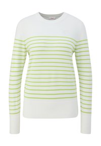 Weißer Strickpullover mit hellgrünen horizontalen Streifen, rundem Halsausschnitt sowie gerippten Bündchen und Saum. Dezentes Logodesign auf der Brust.