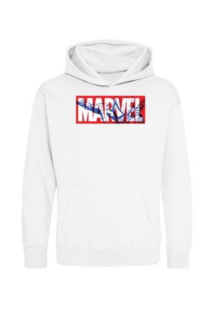 Hvid hættetrøje med et rødt rektangulært Marvel-logo på brystet med en blå og hvid Spider-Man grafik inde i teksten.