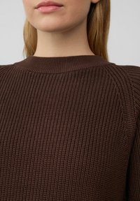 Brązowy sweter o textured wzorze z prążkowanym wykończeniem i okrągłym dekoltem, z wyraźnym przeszyciem i luźnym krojem.