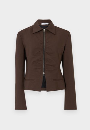Dark brown fitted jacket with collar, long sleeves, front zipper, and slight gathering detail along the zipper line.