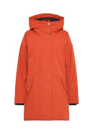Orangefarbener wasserdichter Parka mit hohem Kragen, Kapuze, Druckknopfverschluss vorne und zwei Seitentaschen. Verfügt über eine glatte Textur und einen modernen Schnitt.