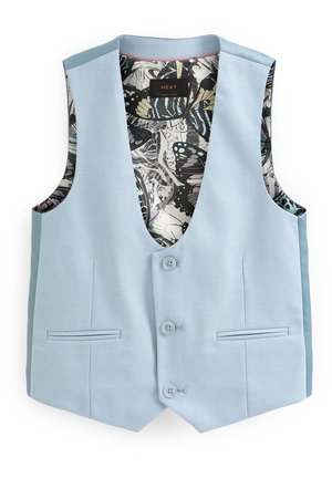 Light blue vest made of smooth fabric, featuring a V-neck, two front pockets, three buttons, and a patterned inner lining with butterflies.