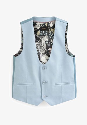 Jasnoniebieska kamizelka z gładkiego materiału, z dekoltem w kształcie litery V, dwoma przednimi kieszeniami, trzema guzikami oraz wzorzystą podszewką z motylami.