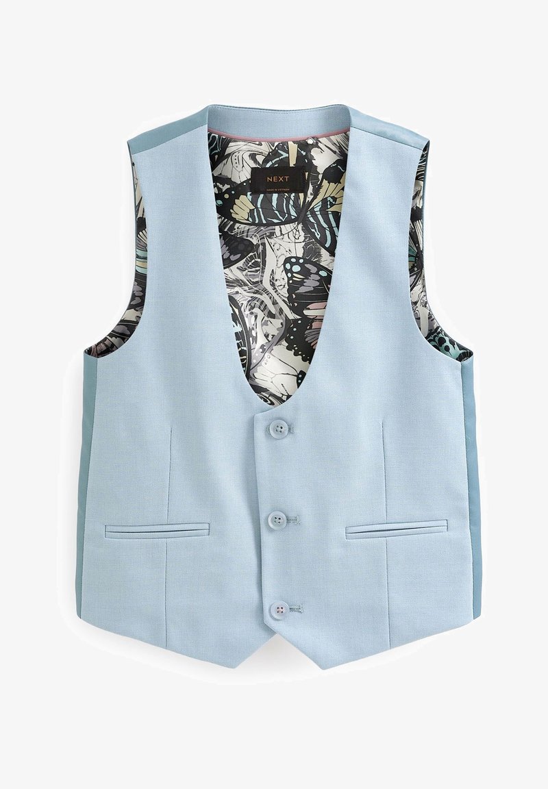 Gilet bleu clair en tissu lisse, avec un col en V, deux poches avant, trois boutons et une doublure intérieure à motif de papillons.