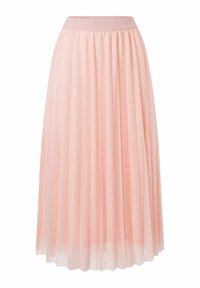 Larga falda plisada color rosa claro con una ancha cinturilla elástica y un tejido transparente y texturizado, que presenta un diseño en capas para mayor volumen.