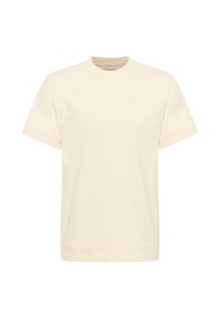 Cremefarbiges Baumwoll-T-Shirt mit kurzen Ärmeln, Rundhalsausschnitt und einem dezenten Logo auf der Brust. Glatte Textur und lockere Passform.