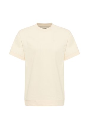 Cream-colored cotton t-shirt with short sleeves, round neckline, and a subtle logo on the chest. Smooth texture and relaxed fit.