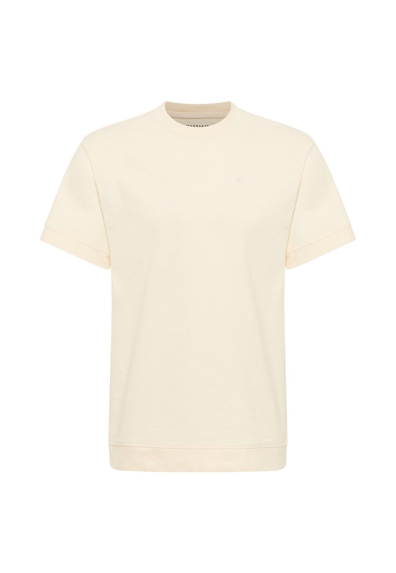 Cremefarbiges Baumwoll-T-Shirt mit kurzen Ärmeln, Rundhalsausschnitt und einem dezenten Logo auf der Brust. Glatte Textur und lockere Passform.