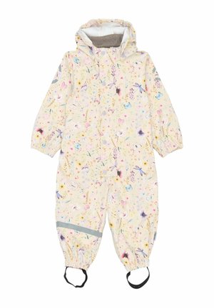 Dziecięczny wodoodporny kombinezon, beżowy z kolorowymi wzorami kwiatowymi i insektami, elastyczne mankiety, szary odblaskowy pasek oraz z kapturem.