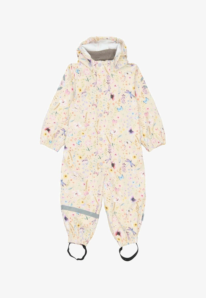 Detský nepremokavý overal, béžový s farebnými kvetinovými a hmyzími vzormi, elastické manžety, šedý reflexný pruh a dizajn s kapucňou.