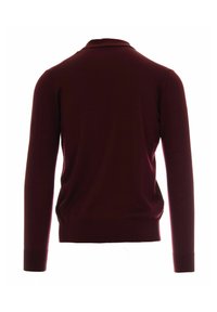 Maglione a collo alto di colore bordeaux, con maniche lunghe e orlo a coste. Texture morbida e colore solido senza alcun motivo o decorazione.