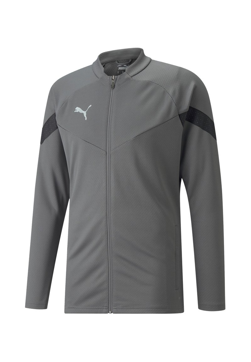 Grau sportliche Jacke mit hohem Kragen, durchgehendem Reißverschluss, strukturiertem Stoff und schwarzen Akzentpaneelen. Verfügt über ein kleines Logo auf der Brust.