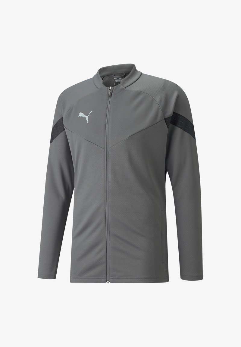 Grau sportliche Jacke mit hohem Kragen, durchgehendem Reißverschluss, strukturiertem Stoff und schwarzen Akzentpaneelen. Verfügt über ein kleines Logo auf der Brust.