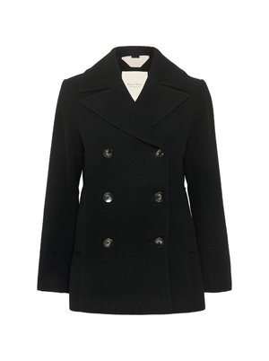 Manteau noir croisé en mélange de laine, doté d'un col à revers, de grands boutons et de deux poches avant. Texture lisse et coupe ajustée.