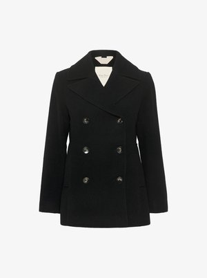 Abrigo negro de doble botonadura, hecho de una mezcla de lana, con cuello muesca, grandes botones y dos bolsillos delanteros. Textura suave y corte ajustado.