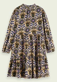 Robe beige à manches longues avec jupe à volants, ornée de motifs floraux et feuillages violet et vert foncé sur toute la surface.