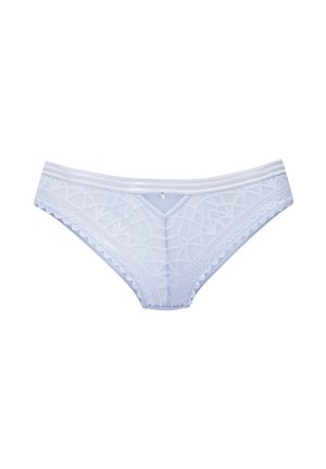 White lace women's underwear with geometric and scalloped patterns and a small decorative button at the center front waistband.