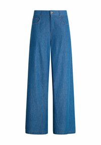Weite Jeanshose in einem mittleren Blauton, mit einem vorderen Knopfverschluss, zwei Seitentaschen und einer glatten Textur.