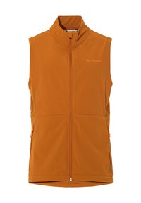 Oranges ärmellose Weste mit hohem Kragen, Frontreißverschluss und zwei Seitentaschen; aus leichtem Stoff mit glatter Textur hergestellt.