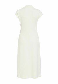 Robe midi blanche sans manches avec col montant et taille cintrée, vue de dos sur un fond blanc uni.