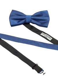 Mörkblå satinfluga med strukturerade ränder, fäst vid ett svart justerbart band. Etikett med texten "John Henric Sweden."