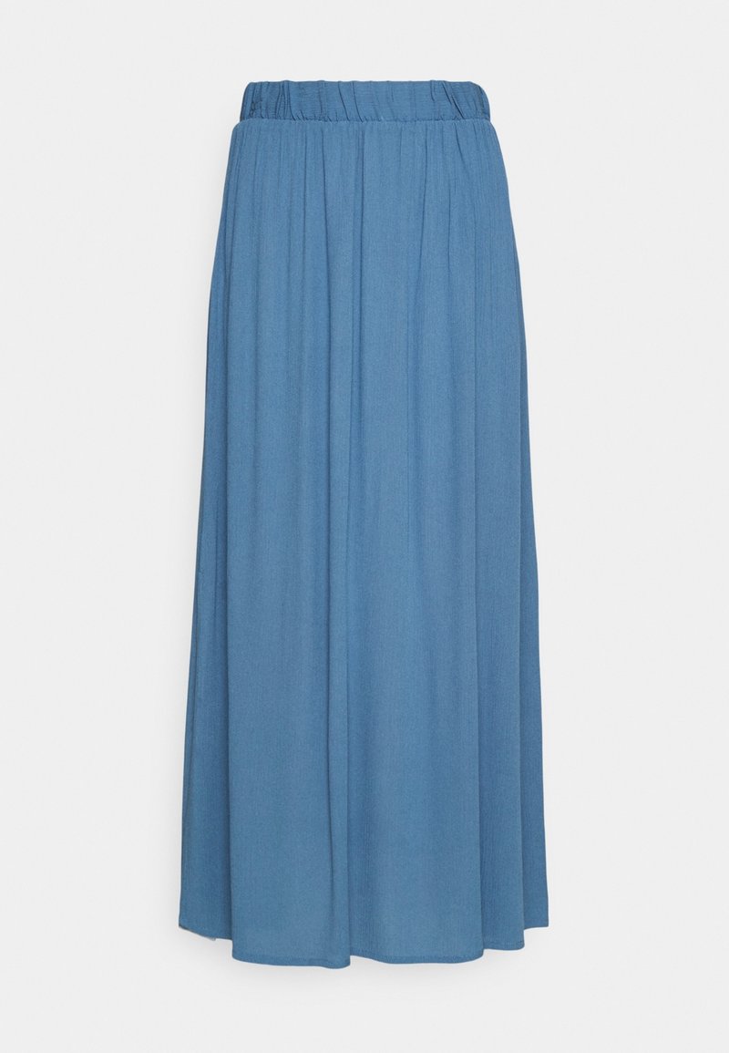 Blå, flödande maxikjol med elastiskt midjeband, mjuk textur och plisserad design. Slutkanten är slät med en subtil drapering.