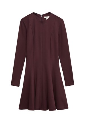 Bourgognefarvet langærmet kjole med en udvidet nederdel, der har rund halsudskæring og lynlås bagpå. Lavet af et glat, elastisk stof.