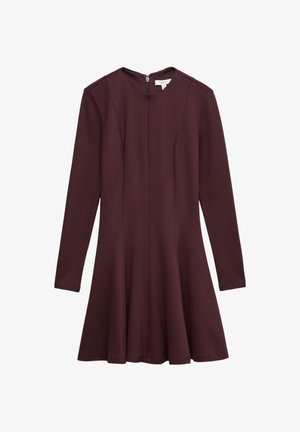Bourgognefarvet langærmet kjole med en udvidet nederdel, der har rund halsudskæring og lynlås bagpå. Lavet af et glat, elastisk stof.