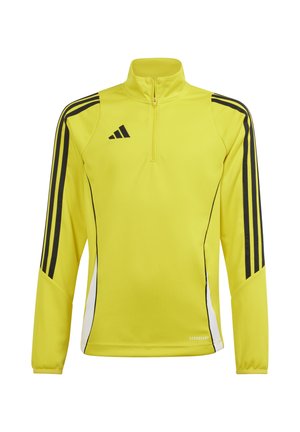 Pull-over de sport jaune avec un col zippé à mi-hauteur, des bandes noires sur les côtés et de subtils accents blancs. Fabriqué en tissu léger et texturé.