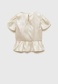 Kortärmad peplumtop i glänsande ljusbeige tyg med nyckelhålsdetalj i ryggen och utsvängd nederkant. Slät textur med subtil glans.