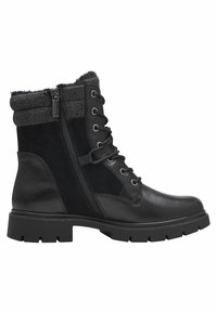 Botas negras de tobillo que combinan cuero liso y ante texturizado, con cierre de cordones, cremallera lateral y suela exterior rugosa y estampada.