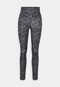 Legginsy o wysokim stanie w czarno-szary wzór w lamparcie; wykonane z elastycznej, gładkiej tkaniny o dopasowanym kroju i bez widocznych elementów metalowych.