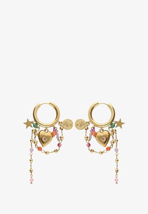 Gold hoop earrings feature charms including stars and hearts, adorned with colorful beads in various shades. Beads hang in cascading chains.