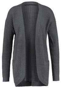 Grå stickad cardigan med öppen front, långa ärmar, texturerat mönster och två framfickor. Mjukt material med en avslappnad passform.
